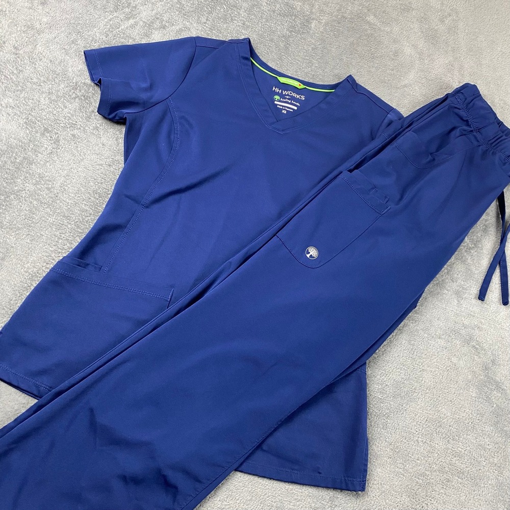 HH Works Women XS/S Scrub Set Navy Blue V-Neck Top XS Drawstring Pants S